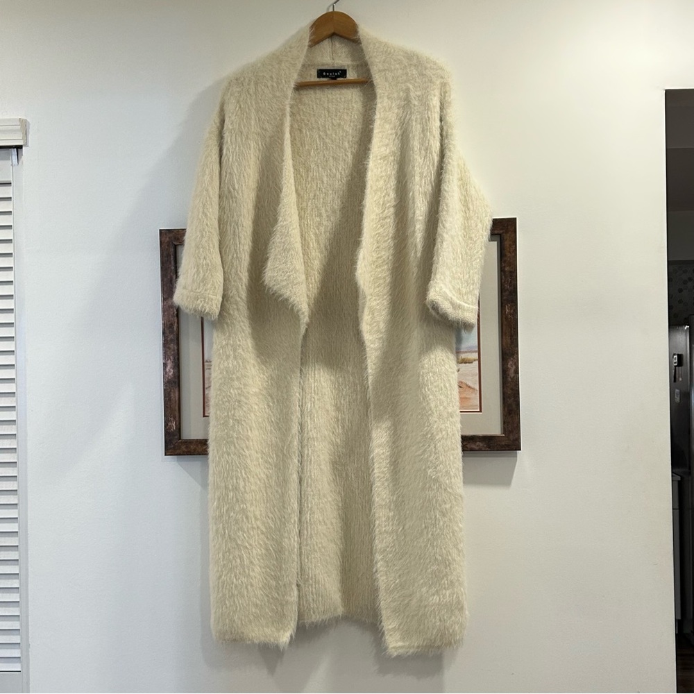 Beulah Style Fuzzy Duster Long Open Cardigan Sweater Cream